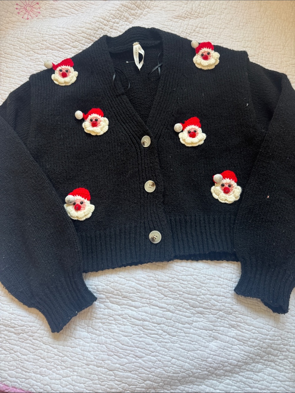 Black Cropped Cardigan with Crochet Santa Appliqués